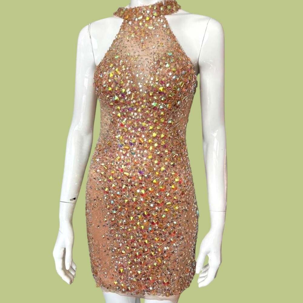 Y2K Early 2000s Halter Neck Rhinestone Embellished Nude Illusion Dress